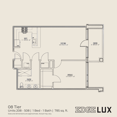 Floor plan for 1 bed, 1 bath, 785 sqft